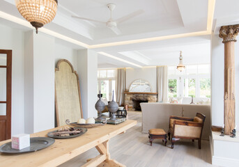 Wooden table in luxury dining room