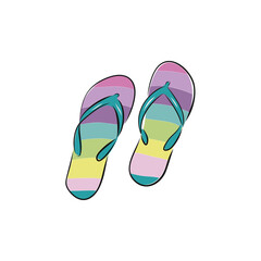 Two swimwear sandles isolated. Bright color hand drawn icon sketchy in scribble retro style. Top close-up view. Colorful flip Flop.