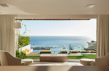 Sunny bedroom and patio overlooking ocean - obrazy, fototapety, plakaty