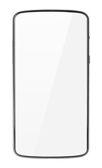 Front view of modern black smartphone with empty white screen isolated on white background. Smart phone with clipping path