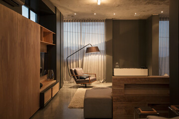 Chair and floor lamp in corner of modern living room