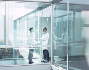 Doctor and administrator talking in hospital corridor