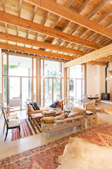 Sofas and coffee table in rustic living room