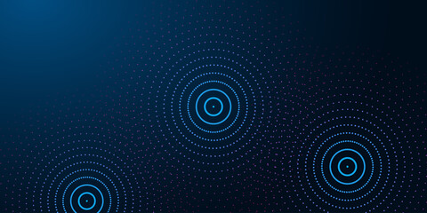 Futuristic abstract banner with abstract water rings, ripples on dark blue background.