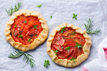 Homemade seasonal savoury summer tomato galette, tart, pie