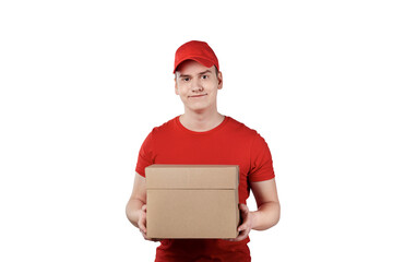 A young guy from the delivery service with a parcel, a box in his hands.