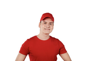Young handsome confident guy from delivery service in a cap, white background.