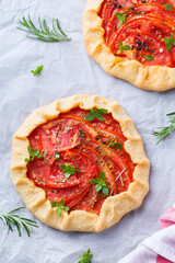 Homemade seasonal savoury summer tomato galette, tart, pie
