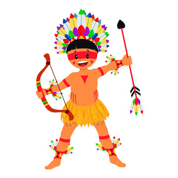 Native indian children colorful headdress archery illustration.