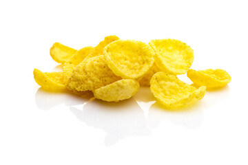 Superfood white background. Snack Cereal Cornflakes milk breakfast. Antioxidant, omega-3, protein, mineral nutrients - vegetarian diet concept.