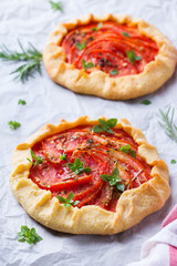 Homemade seasonal savoury summer tomato galette, tart, pie