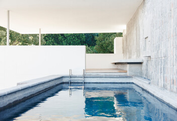 Stone wall and steps in covered pool