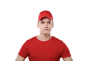 A young guy in a red cap, a white background. Delivery service.