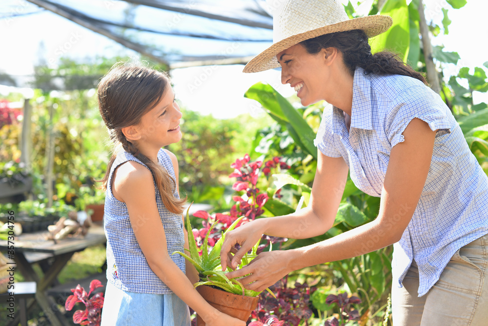 Wall mural Smiling woman and girl with potted plant in sunny greenhouse