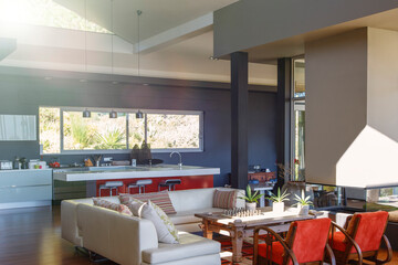 Modern house interior with living room and kitchen