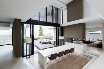 Elevated view of spacious dining room with patio
