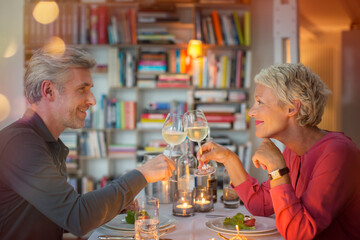 Older couple toasting each other at romantic dinner - obrazy, fototapety, plakaty