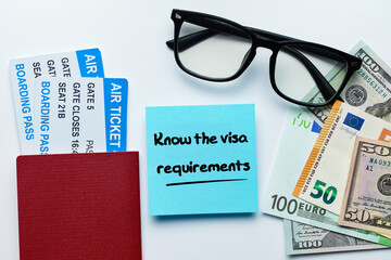 The inscription know the visa requirementson on sticker with passport and tickets as well as money.