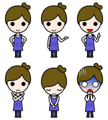 アイコン風人物 エプロン姿の若い女性の様々なポーズ