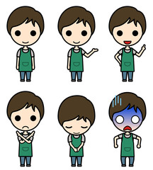 アイコン風人物 エプロン姿の若い男性の様々なポーズ