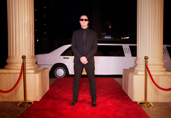Serious bodyguard in sunglasses protecting red carpet at event