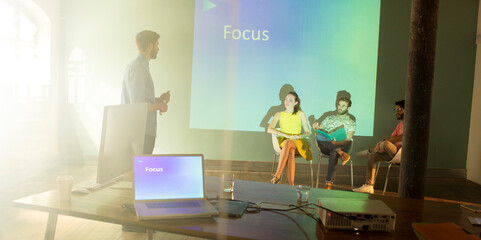 Business people preparing audio visual presentation on Focus - obrazy, fototapety, plakaty