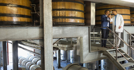 Vintners examining wine on platform in winery cellar