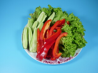 fresh sliced vegetables carefully sliced on a dish, pepper, salad and cucumber
