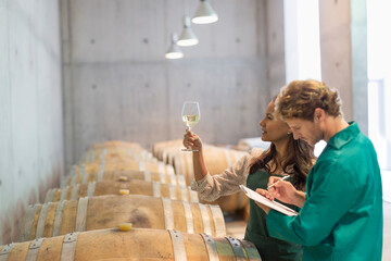 Vintners examining white wine in winery cellar