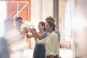 Friends toasting wine glasses at winery