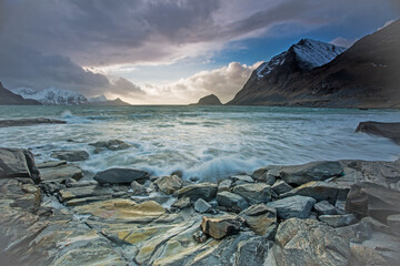 Fototapeta na wymiar Scenic view of craggy ocean bay mountains, HauklLofoten Islands, Norway