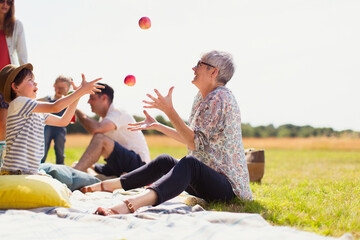 Grandmother grandson juggling apples on picnic blanket in sunny field