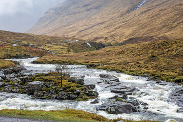 Winding river through highlands landscape, Glen Etive, Argyll, Scotland