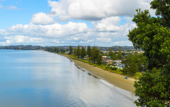 Panoramic View of Orewa Beach, Auckland New Zealand; During High Tide with Calm Water