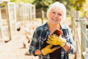 Portrait smiling woman holding chicken near coops