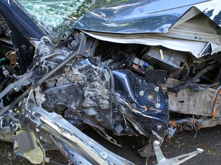 broken car wreck, closeup car damaged parts, unrecoverable