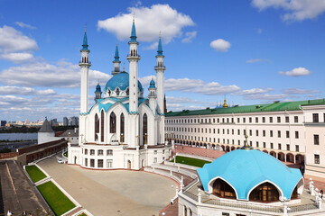 Kazan, Russia - September 4, 2019. Kul-Sharif Mosque. The territory of the Kazan Kremlin. View of the Mosque and the exhibition center Hermitage-Kazan. 