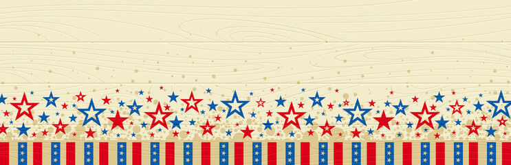 Wooden web banner with elements of the American national flag, red and blue stars. Decorative USA banner suitable for background, headers, posters, cards, website. Vector illustration