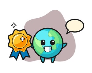 Earth cartoon holding a golden badge