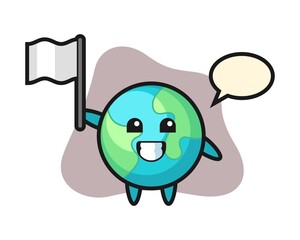 Earth cartoon holding a flag