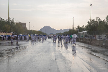 rainy day in Arafat,Hajj, Pilgrims performing Hajj, Islam, Makkah, Saudi Arabia, August 2019