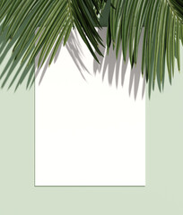 Minimal nature background for summer concept. White paper and green palm leaf on green background. 3d render illustration. Object isolate clipping path included.