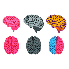 Set of Simple Vector Design of a Brain in Blue, Red, Black and White