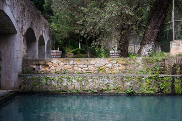 Mexican, hacienda, ranch plaza and lake. Decorative traditional design