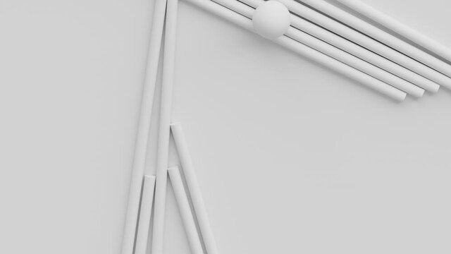 White geometric figures falling down. 3d render of primitive shapes swing. Messy objects on gray background.