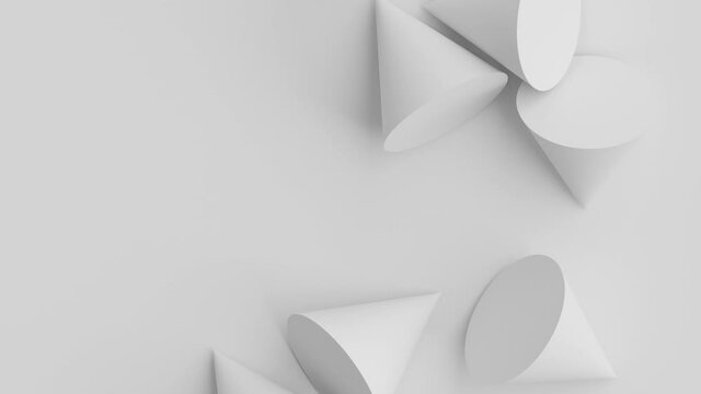 White cones falling down. 3d render of primitive geometric shapes swing. Messy objects on gray background.