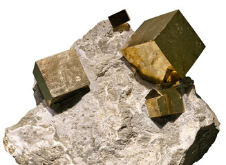 Pyrite cubic crystals embedded in a matrix on white background