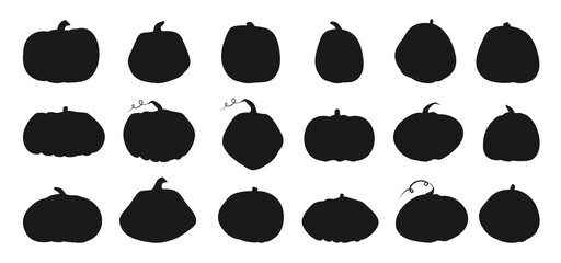 Set of Autumn pumpkin black silhouette icon. Symbol Thanksgiving and Halloween of holiday in october. Template different shape gourd. Simple empty glyph background squash. Isolated vector illustration