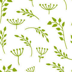 Green branch with leaves seamless pattern. limitless background with floral flat cartoon elements, spring sign. Repeat ornament for paper wrap, fabric, print, wallpaper decor. Vector illustration