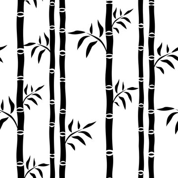 Bamboo trees seamless pattern. Leaf floral background bamboo stalks silhouette. Graphics monochrome black and white drawing. For web page backgrounds, surface textures, textile. Vector illustration